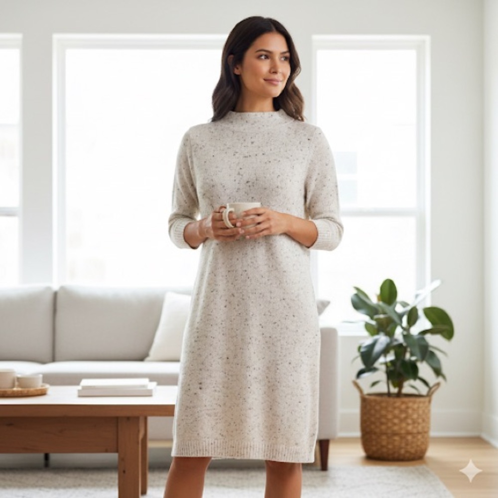 Studio One New York Knit Sweater Dress Women’s Medium Cream Speckled 3/4 Sleeve